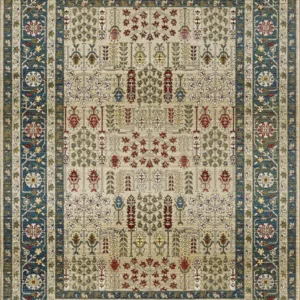 Traditional floral-patterned rug with blue and green border.