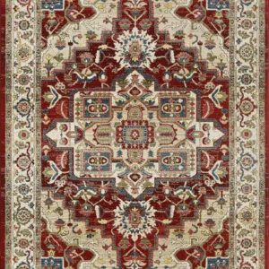 Intricate Persian-style rug with red and beige patterns.