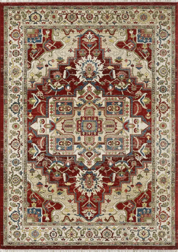 Intricate Persian-style rug with red and beige patterns.