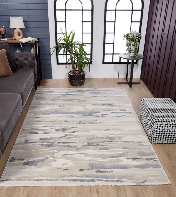 Modern living room with gray patterned rug