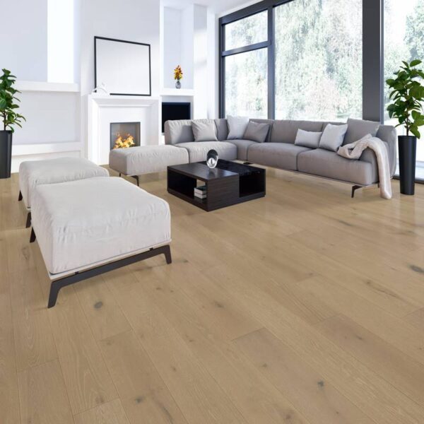 Modern living room with light wood flooring