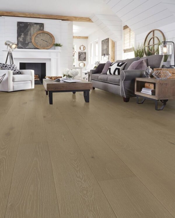 Modern living room with wood flooring and fireplace.