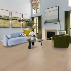 Modern living room with green and blue furniture.