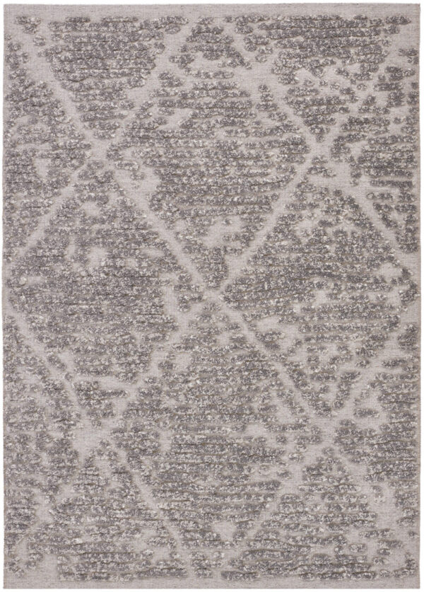 Gray textured rug with geometric patterns