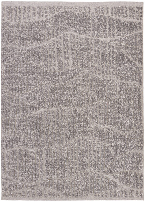 Gray textured patterned rug with abstract design.