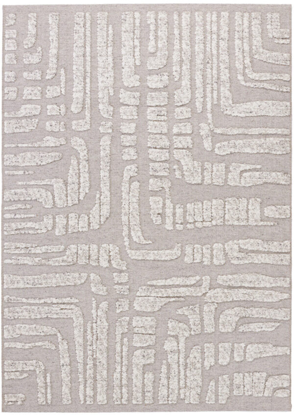 Gray rug with abstract white patterns