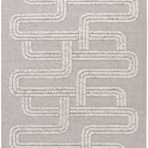 Geometric pattern rug with white loops on gray background.