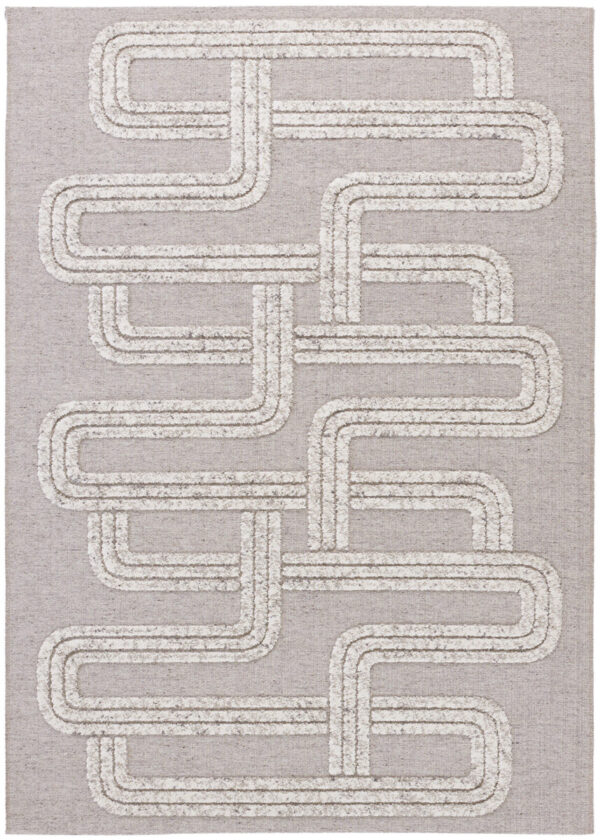 Geometric pattern rug with white loops on gray background.