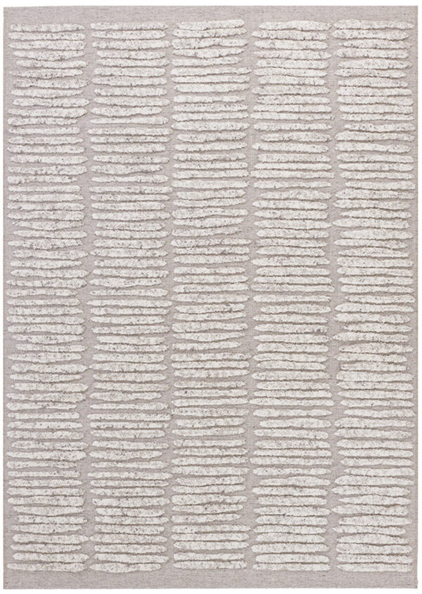 Beige rug with textured horizontal stripes pattern.