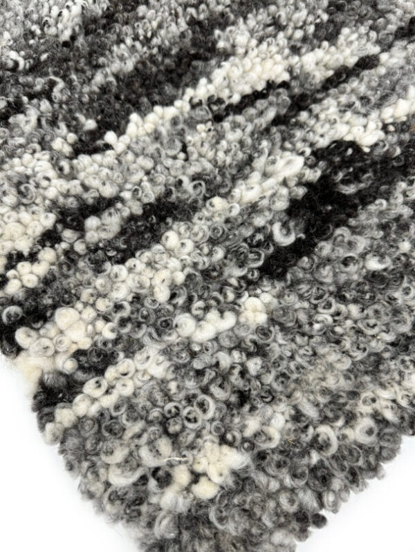 Close-up of curly black and white wool texture.