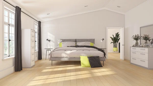 Modern bedroom with gray curtains and wooden flooring.