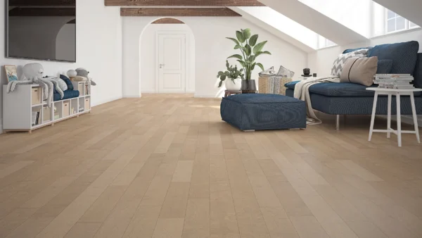 Modern attic living room with wooden floor and plants.