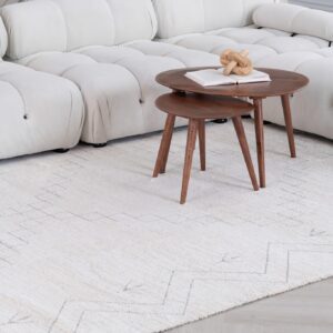 White sofa with wooden tables and book
