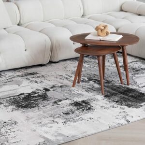 Modern living room with abstract rug and table.