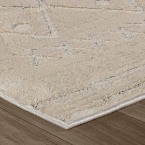 Close-up of beige textured rug on wooden floor.