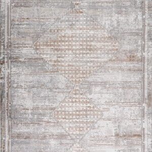 Modern abstract beige and gray area rug design.