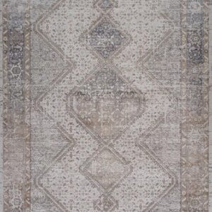Vintage patterned rug with geometric design and borders.