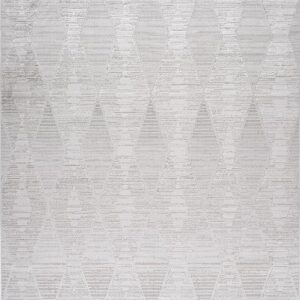 Gray geometric patterned rug with diamond shapes.