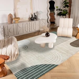 Stylish modern living room with geometric rug.