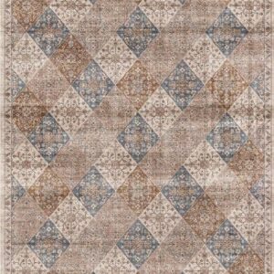 Vintage geometric pattern rug with blue and brown diamonds.