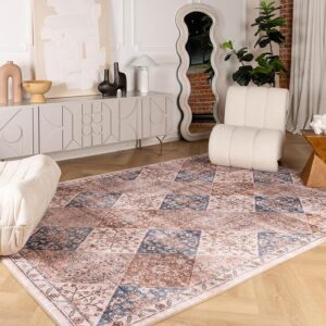 Modern living room with patterned rug and mirror.