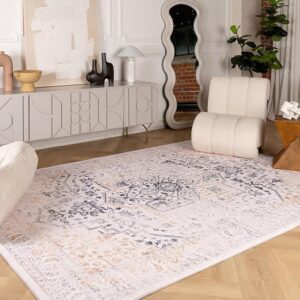 Modern living room with abstract rug and decor