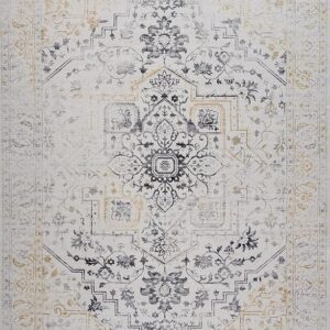 Vintage floral patterned area rug, beige and grey.