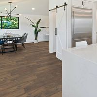 Modern kitchen with wood floor and dining area.