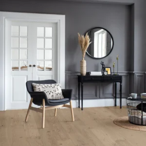 Modern living room with chair and round mirror