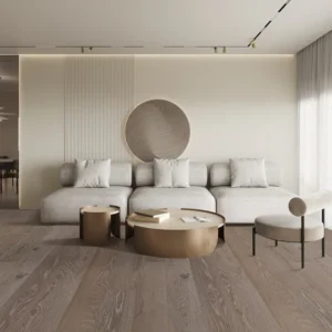 Modern living room with beige sofa and round tables.