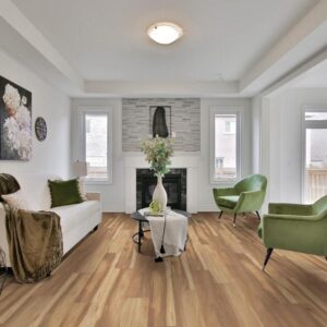 Modern living room with green chairs and fireplace