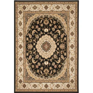 Ornate floral black and beige area rug design.