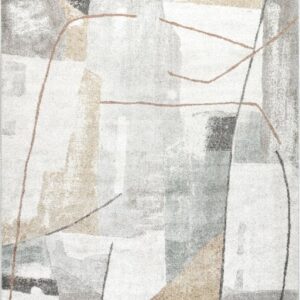 Abstract geometric pattern rug in neutral tones.