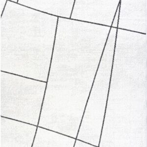 Abstract white rug with intersecting black lines.