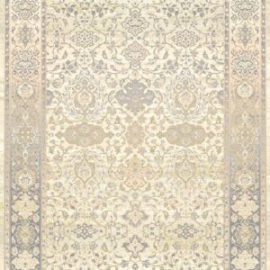 Intricate vintage-style beige and blue rug design.
