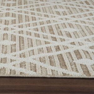 Textured beige rug with geometric patterns.