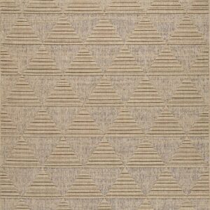 Beige rug with repeating triangle pattern.