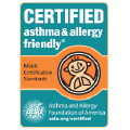 Certified asthma and allergy friendly logo with orange seal