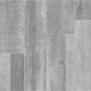 Gray wood-look tile planks in staggered pattern